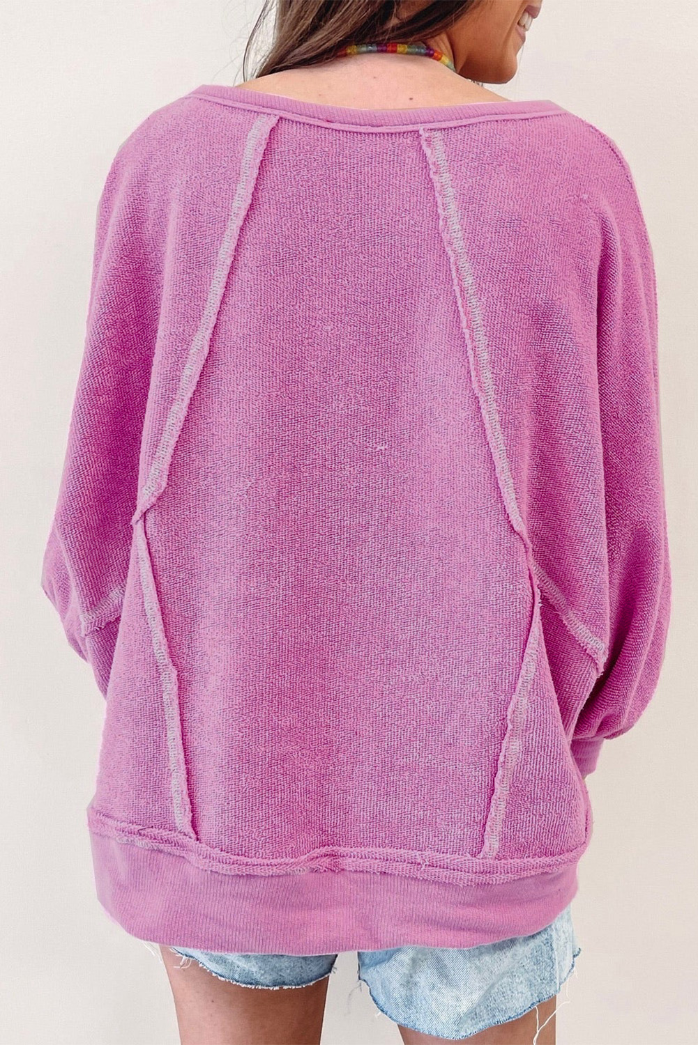 Pink Exposed Seam Round Neck Terry Pullover - loveforevers