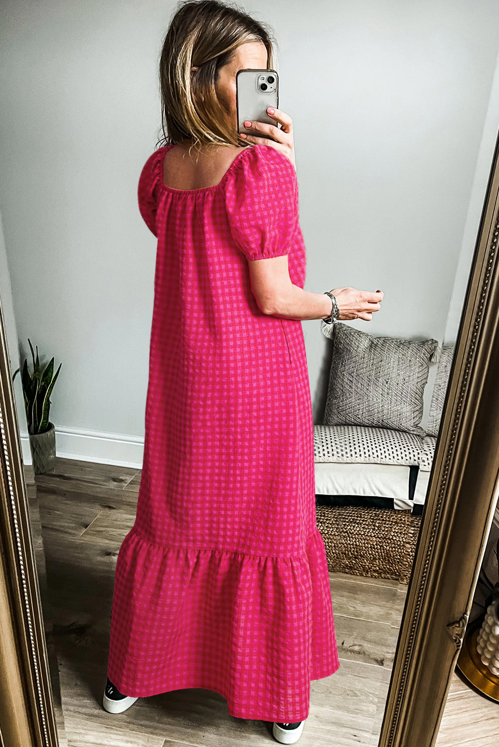 Rose Ginham Check Bubble Sleeve Ruffled Maxi Dress - loveforevers