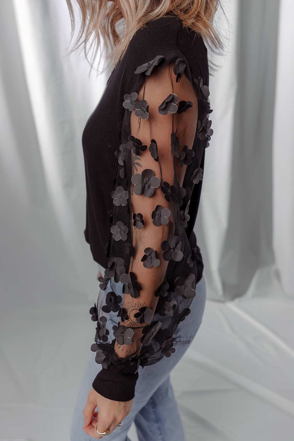 Black Flower Applique Mesh Long Sleeve V Neck Blouse - loveforevers