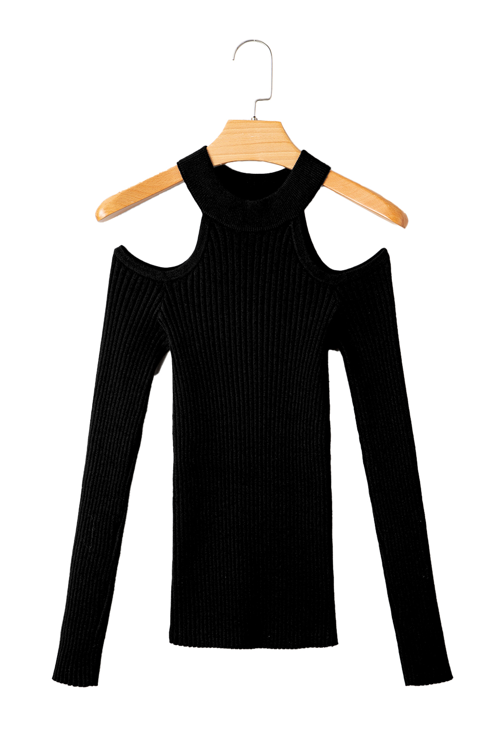 Black Ribbed Knit Cold Shoulder Choker Neck Sweater - loveforevers