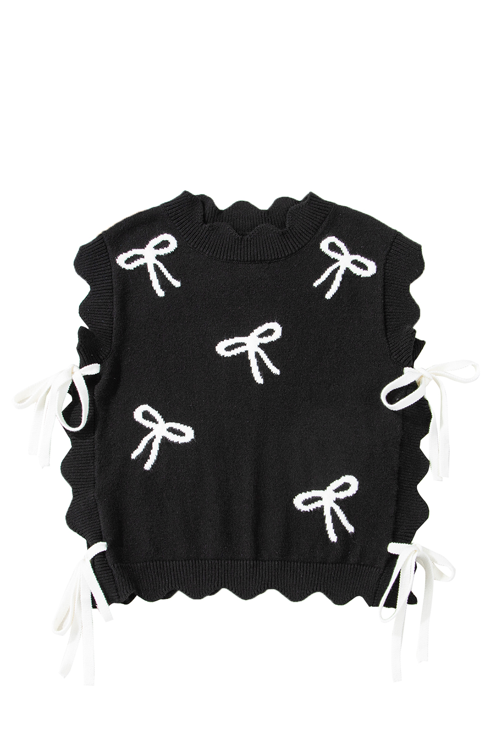 Black Bow Print Side Ties Scalloped Hem Sweater T Shirt - loveforevers