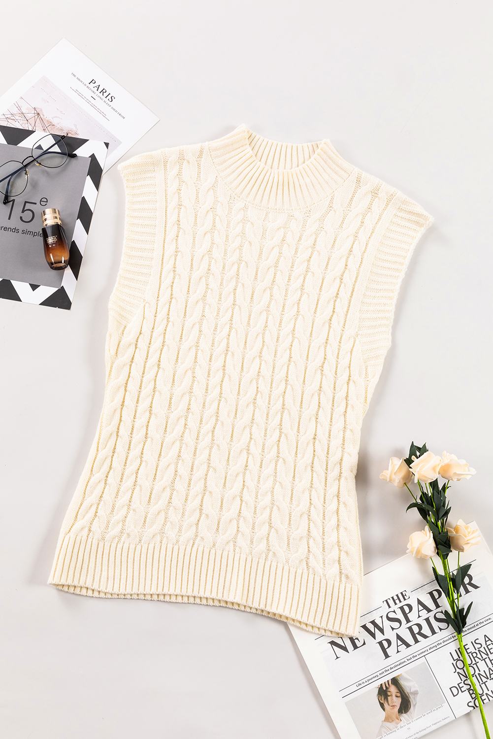 Oatmeal Cable Knit High Neck Sweater Vest - loveforevers