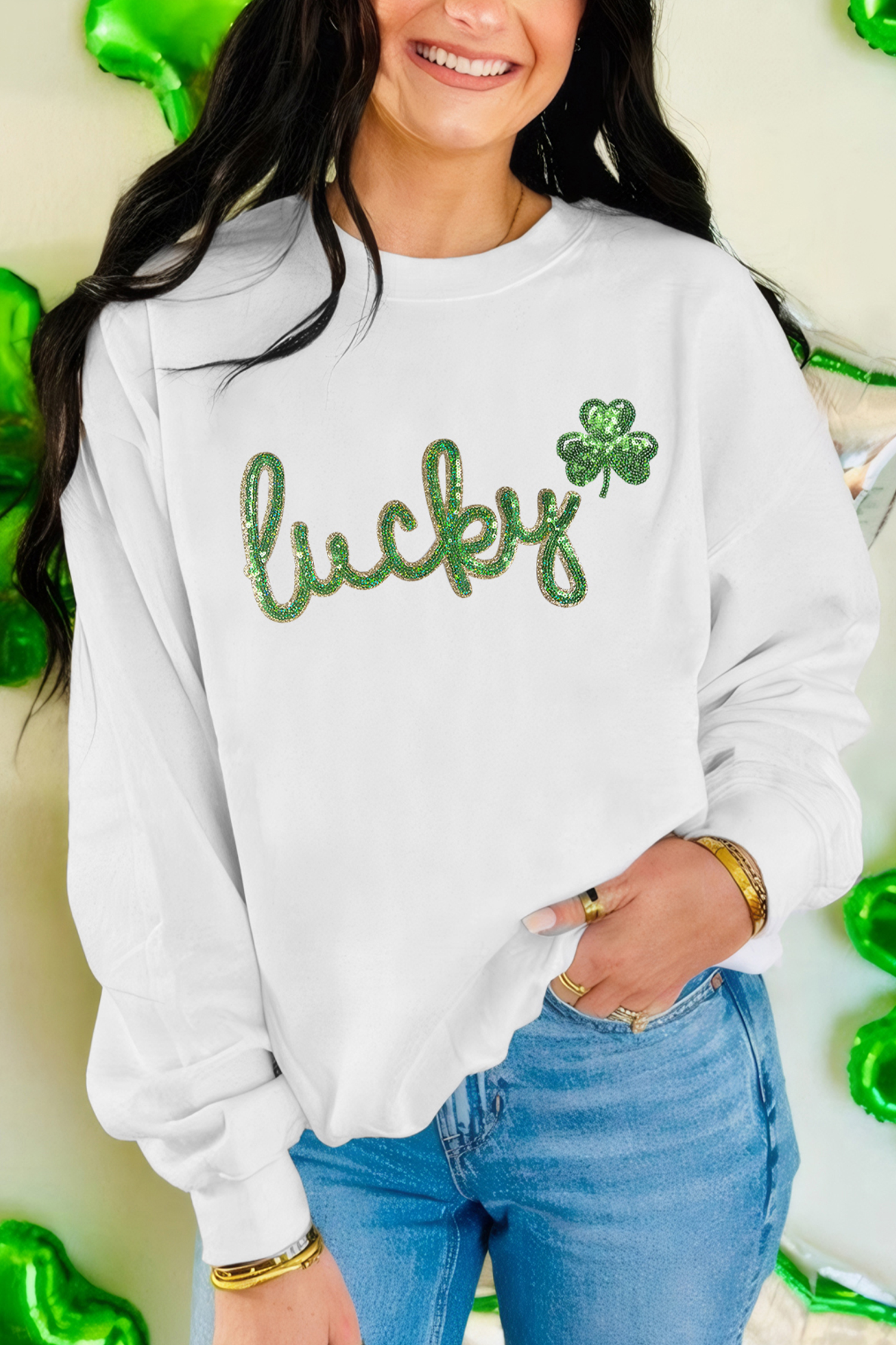 White Irish Festive Sequin lucky Clover Graphic Sweatshirt - loveforevers
