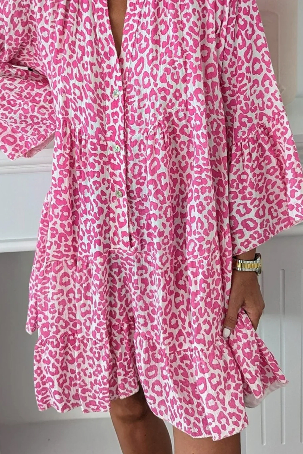 Bright Pink Leopard Printed Long Sleeve Buttoned Front Mini Dress - loveforevers