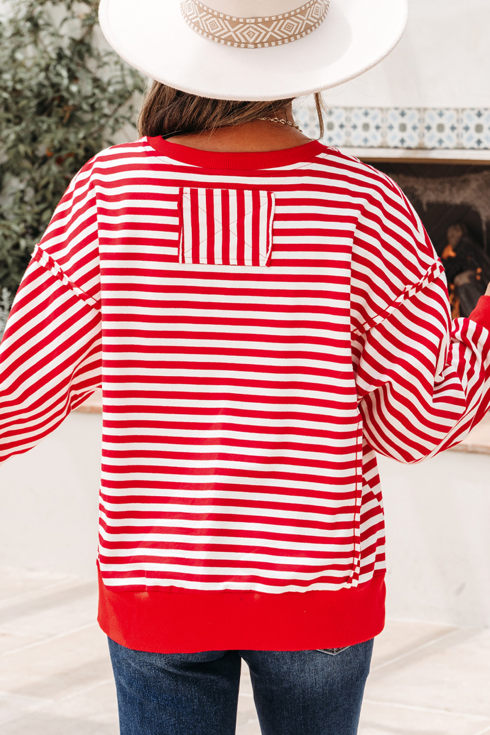 Red Stripe Christmas Nutcracker Sequin Patched Drop Shoulder Top - loveforevers