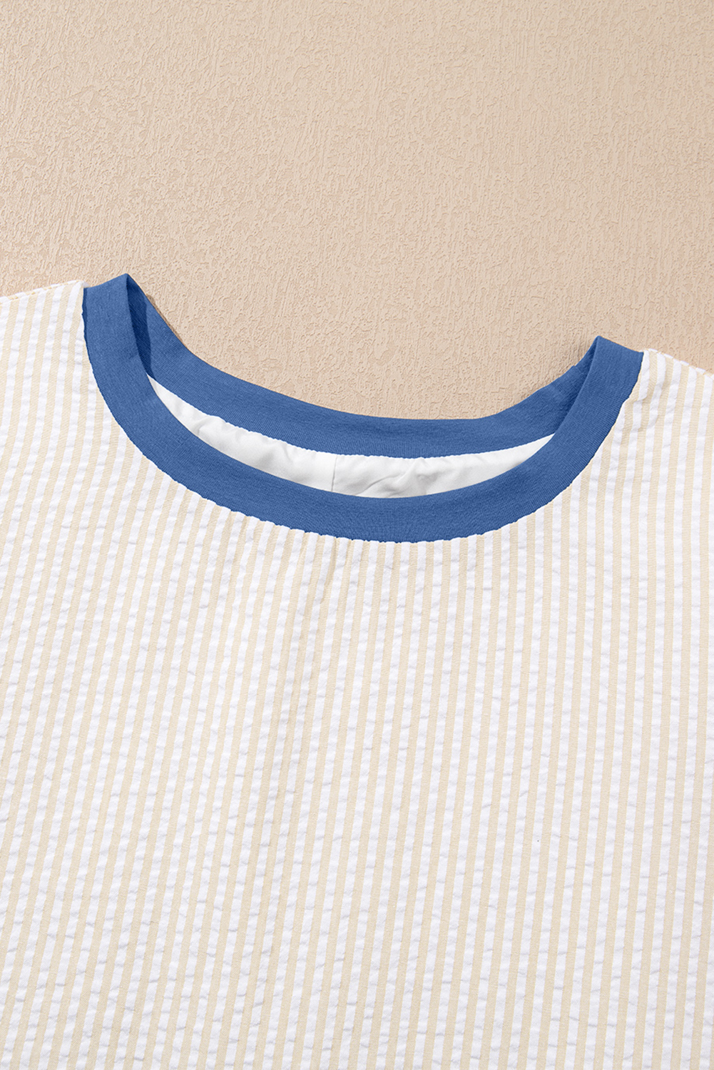 Beige Stripe Seersucker Contrast Round Neck Puff Sleeve T Shirt Dress - loveforevers