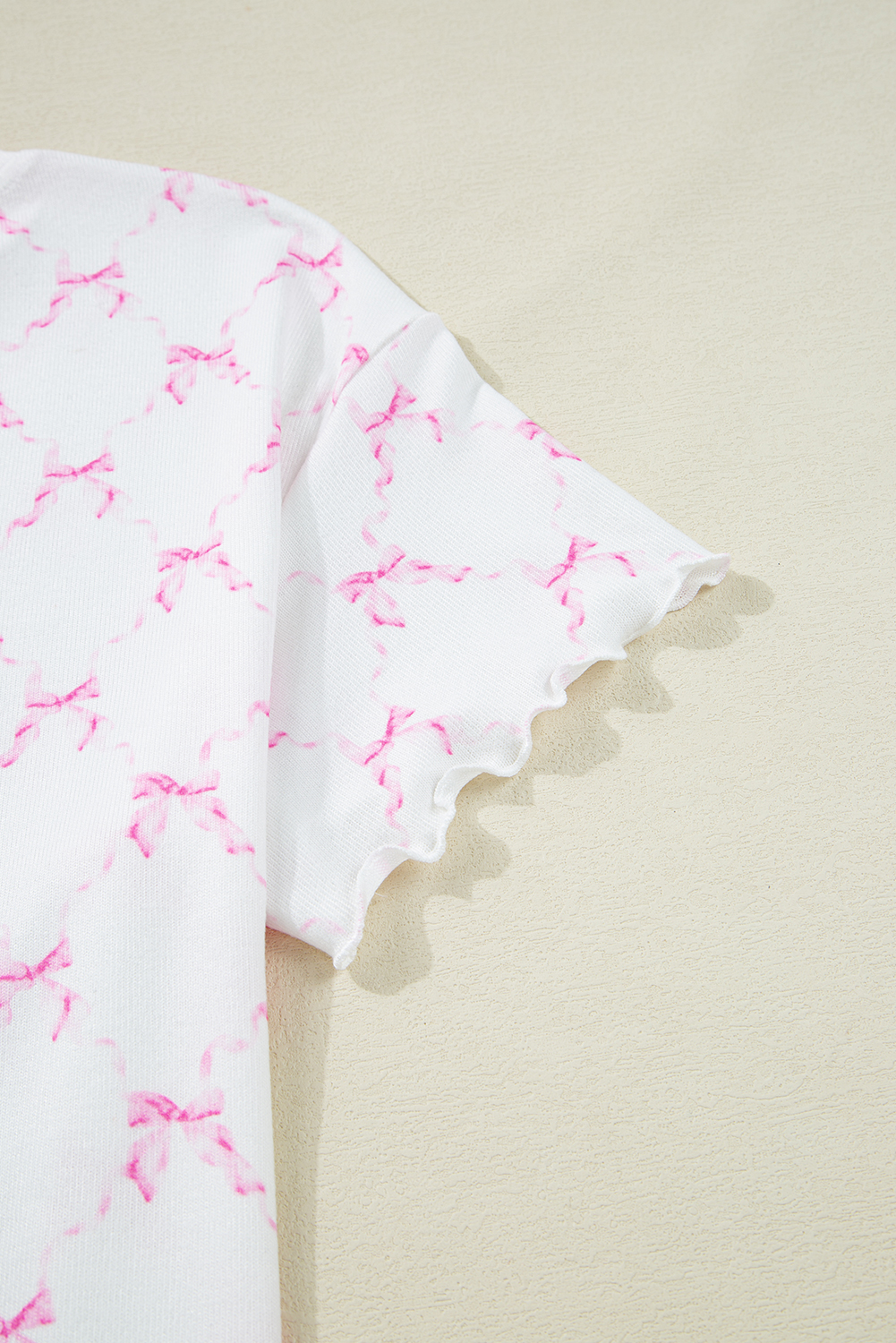 Pink Bow Knot Geometric Print Lettuce Trim Two Piece Lounge Set - loveforevers