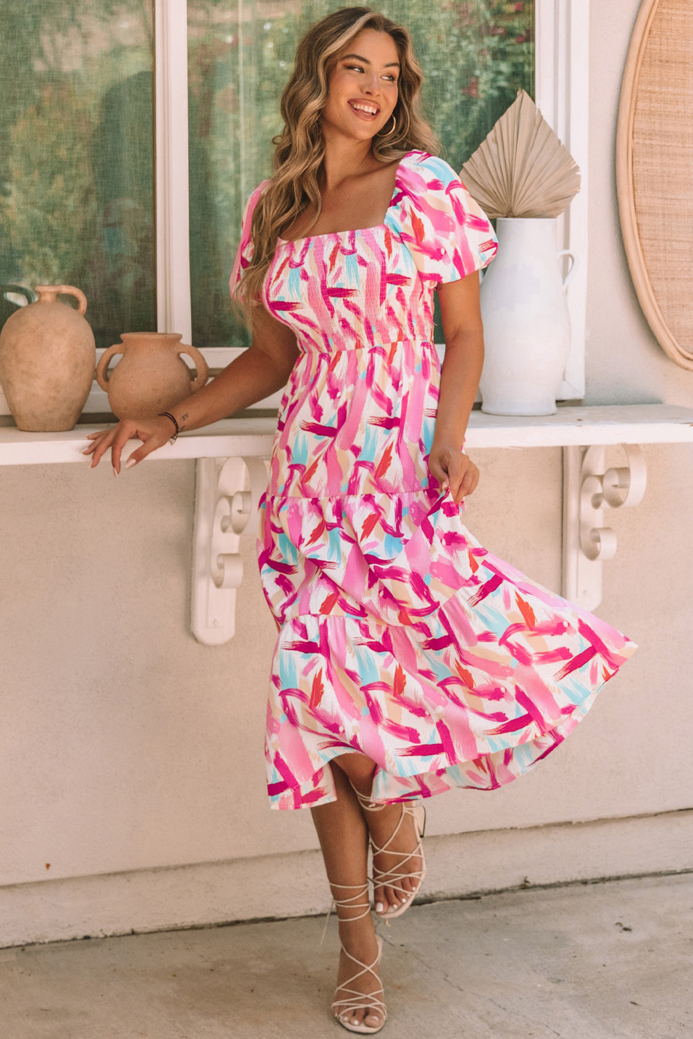 Pink Brush Stroke Printed Smocked Ruffle Tiered Dress - loveforevers