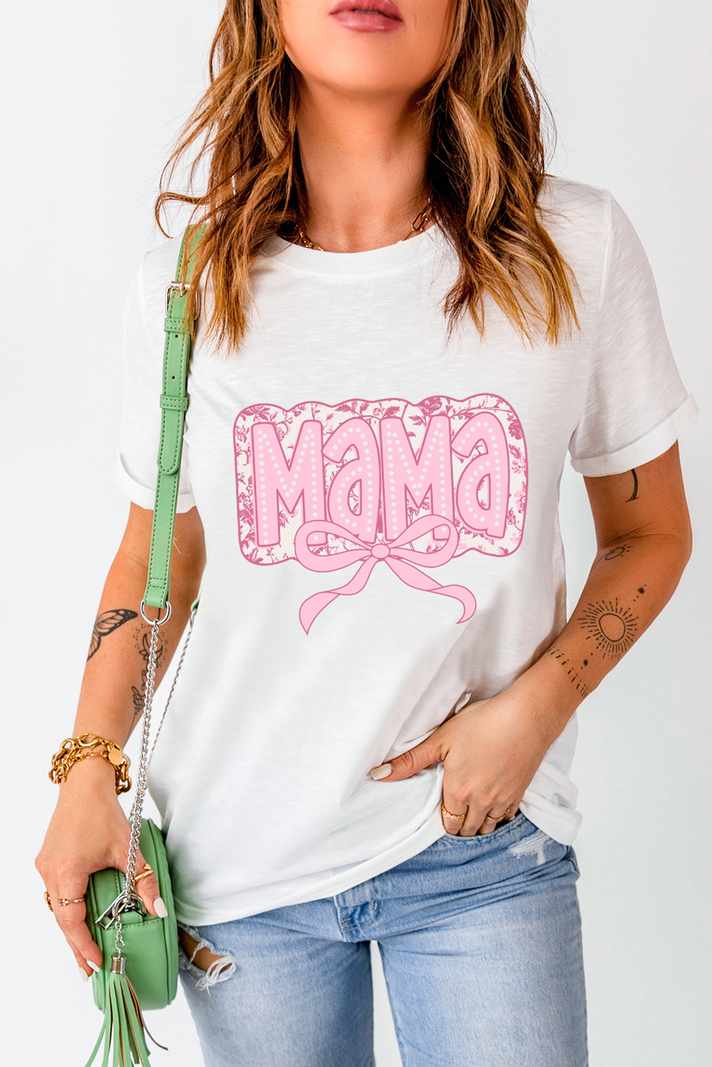 White MaMa Bowknot Graphic Crewneck Mothers Day T Shirt - loveforevers