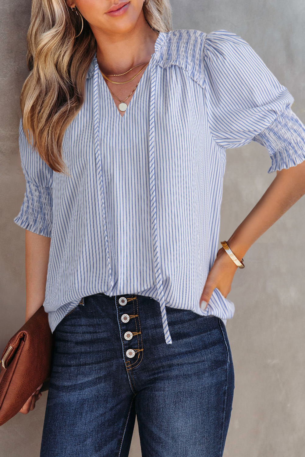 Gray Stripe Shirred Detail V Neck Puff Half Sleeve V Neck Blouse - loveforevers