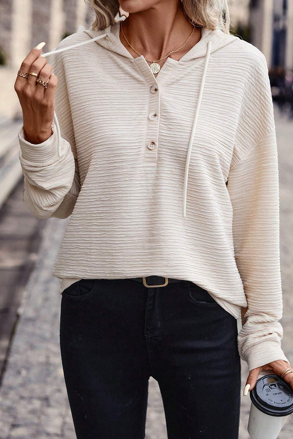 Apricot Solid Textured Drawstring Henley Hoodie - loveforevers