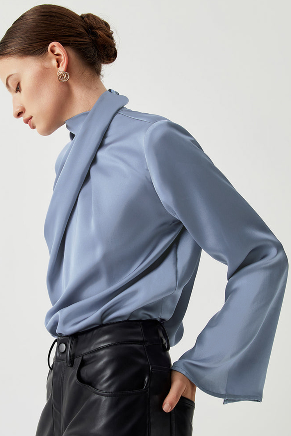 Ivy Asymmetric Pleated Turtleneck Bell Sleeve Blouse - loveforevers