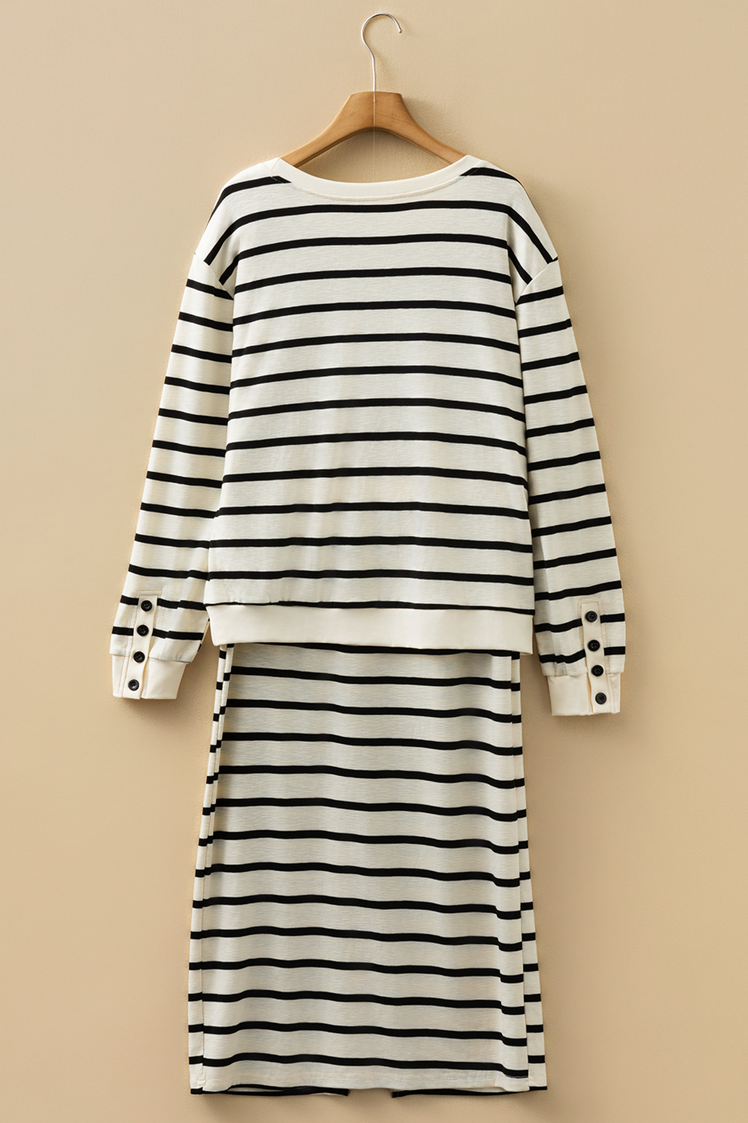 Black Stripe Ribbed Trim Button Cuff Long Sleeve Top Midi Skirt 2pcs Outfit - loveforevers