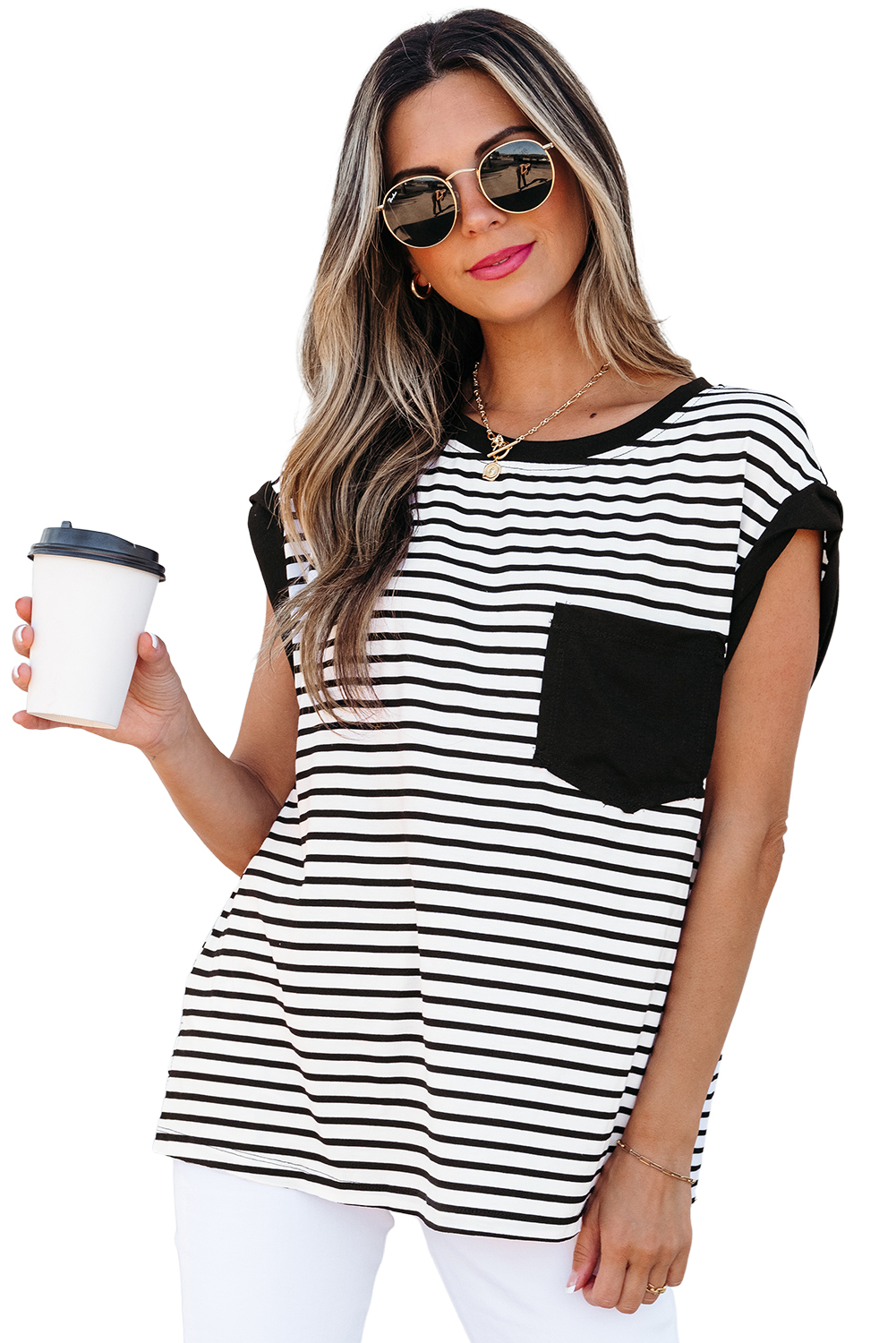 Red Stripe Chest Pocket Patch Round Neck Tank Top - loveforevers
