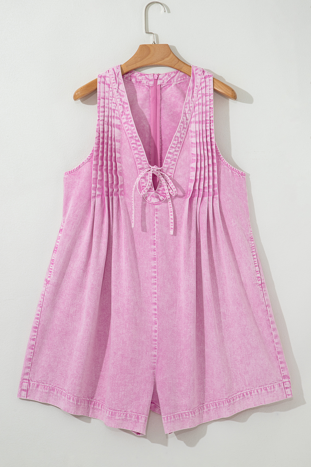 Bonbon Mineral Wash Pleated Bust V Neck Sleeveless Denim Romper - loveforevers