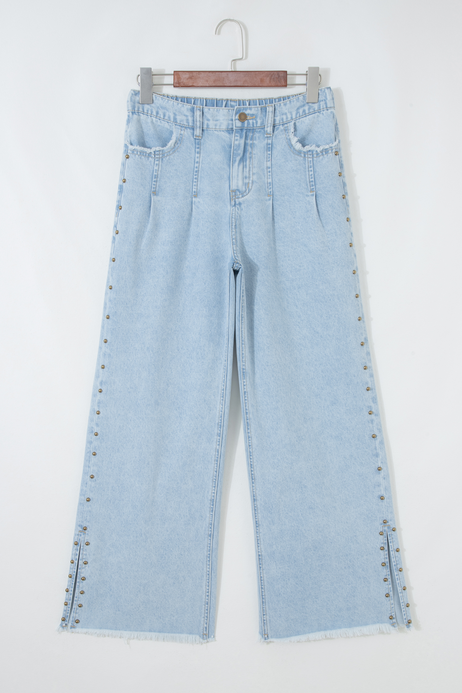 Beau Blue Studded Side Slit Leg Frayed Pocketed Wide Leg Jeans - loveforevers