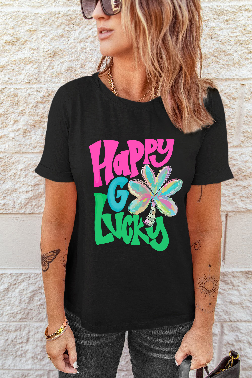 Black St. Patricks Lucky Clover Print O Neck T Shirt - loveforevers
