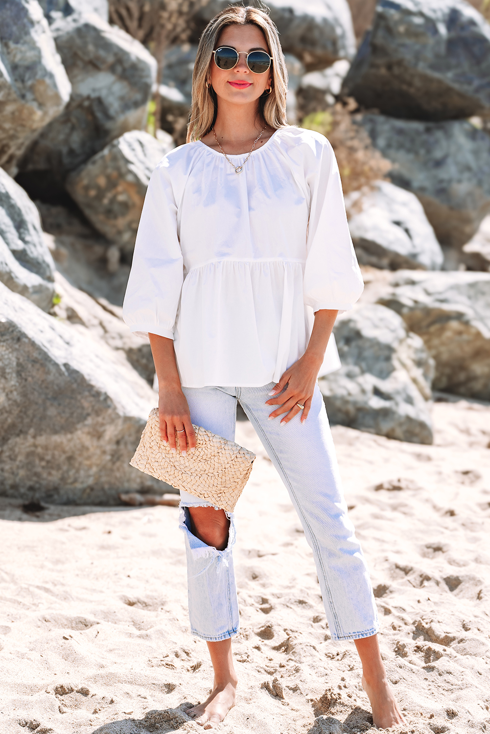 White Bow Knot Cutout Back Loose Fit 3/4 Sleeve Blouse - loveforevers
