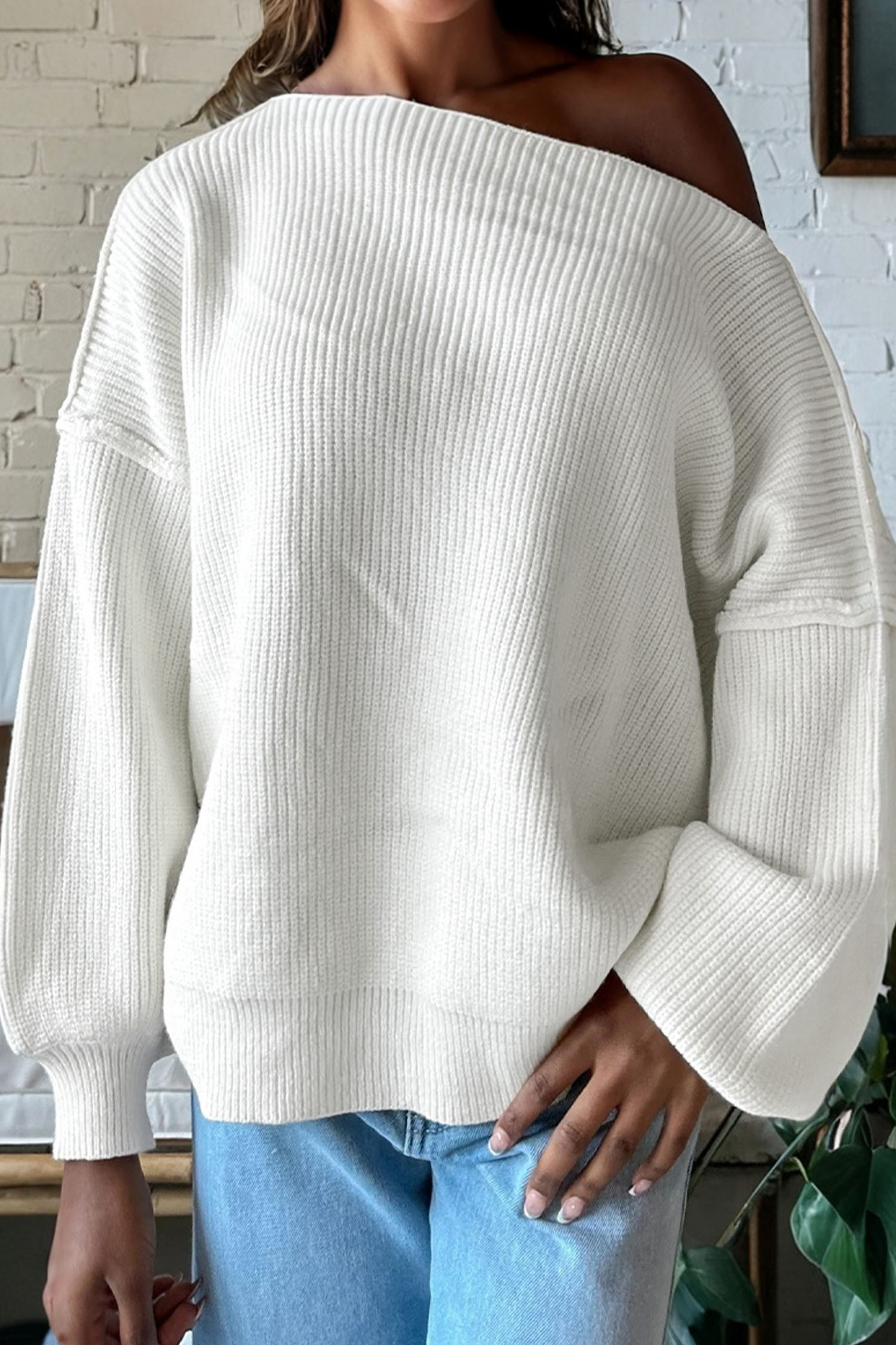 White Asymmetric Neck Drop Shoulder Baggy Slouchy Sweater - loveforevers