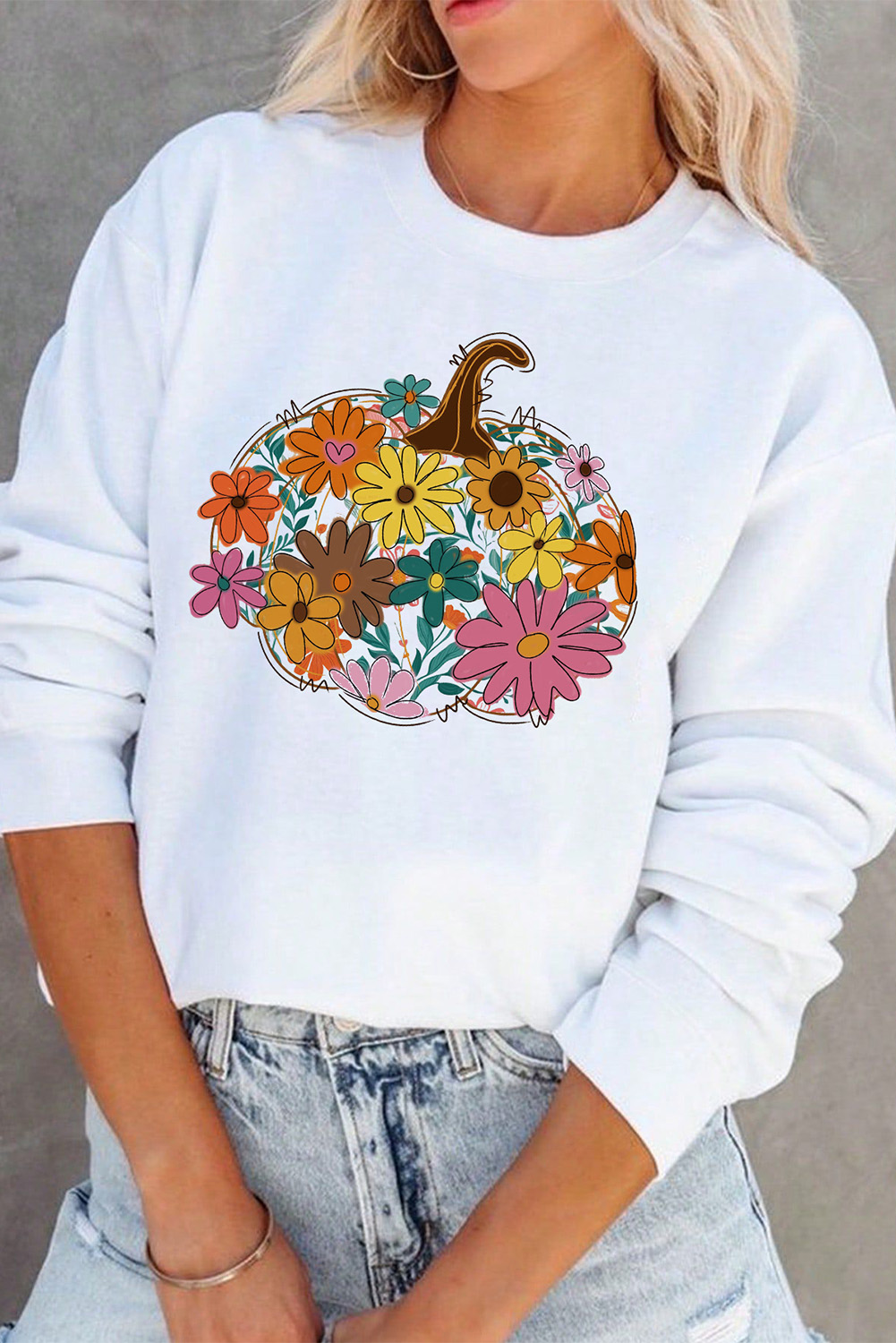 White Floral Pumpkin Custom Graphic Sweatshirt - loveforevers