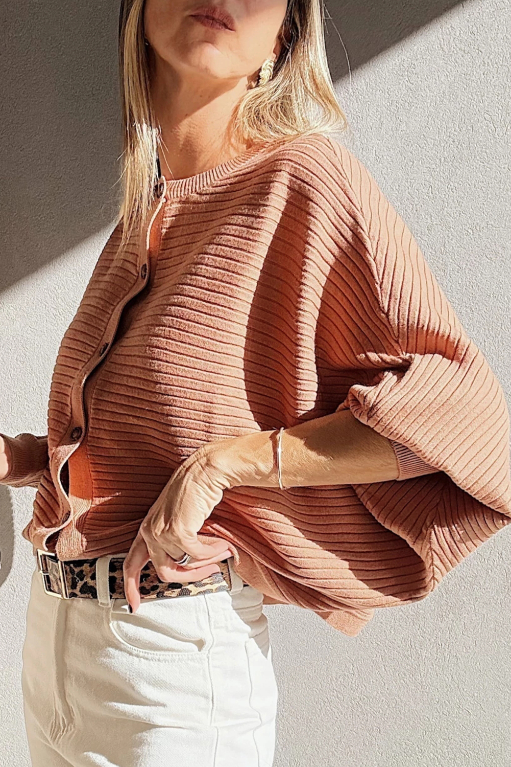 Apricot Pink Wide Rib Knit Button Front Dolman Sleeve Sweater Cardigan - loveforevers