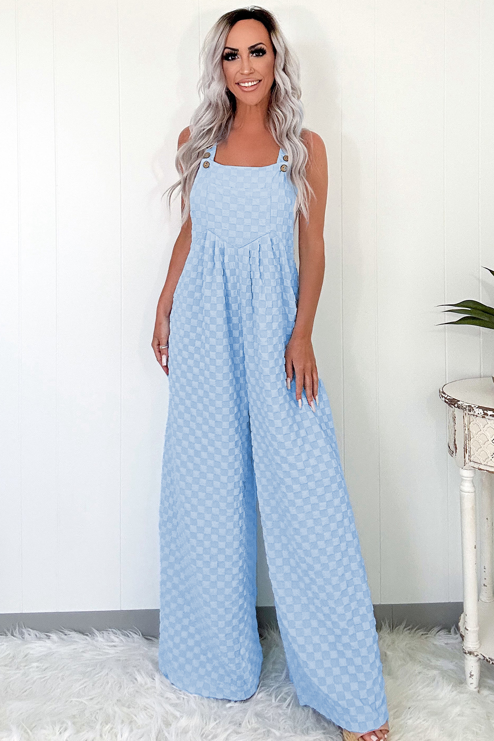 Beau Blue Checkered Pocketed High Waist Wide Leg Overall - loveforevers