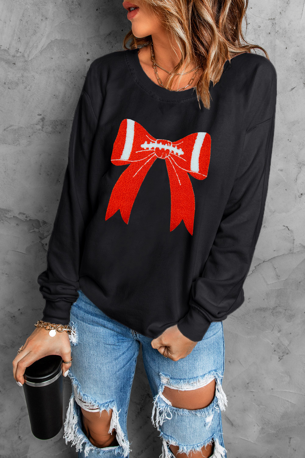 Black Game Day Chenille Bow Patched Drop Shoulder Sweatshirt - loveforevers