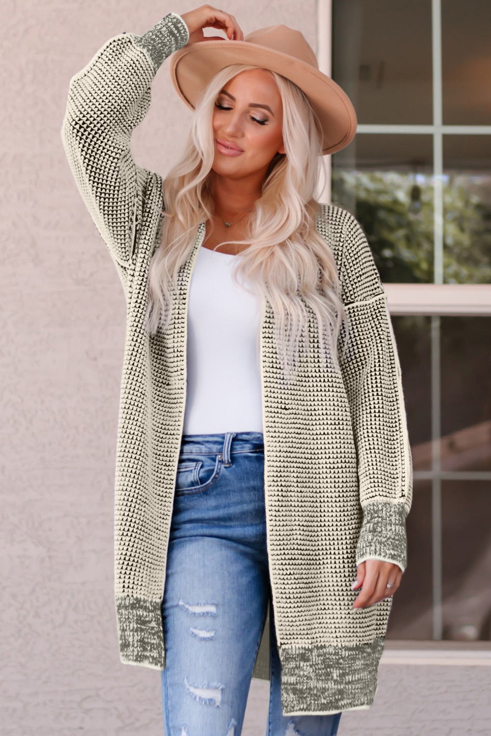 Apricot Plaid Knitted Long Open Front Cardigan - loveforevers