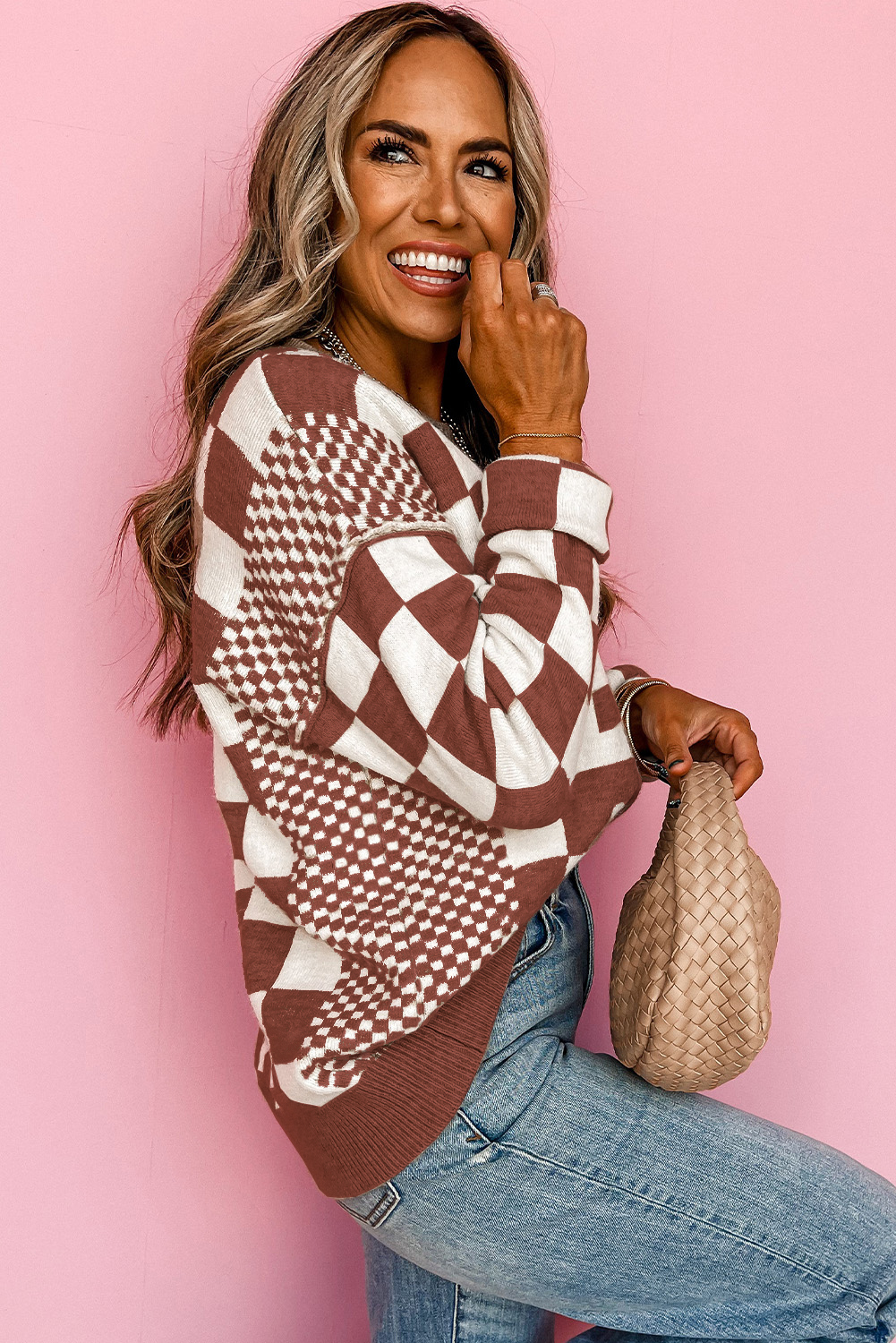 Khaki Checkered Print Drop Shoulder Round Neck Sweater - loveforevers