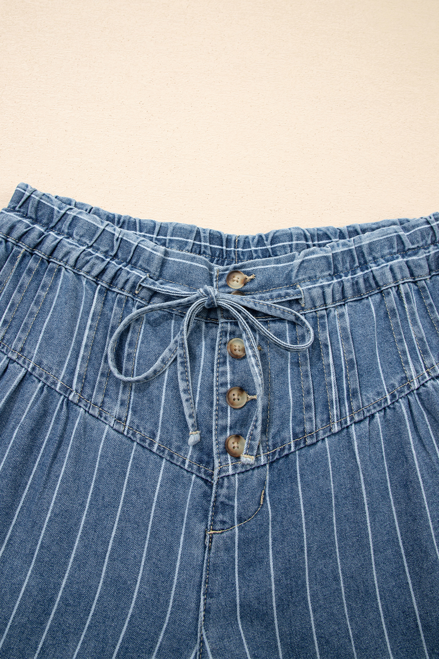 Sky Blue Stripe Button Pleated Drawstring Waist Casual Wide Leg Jeans - loveforevers