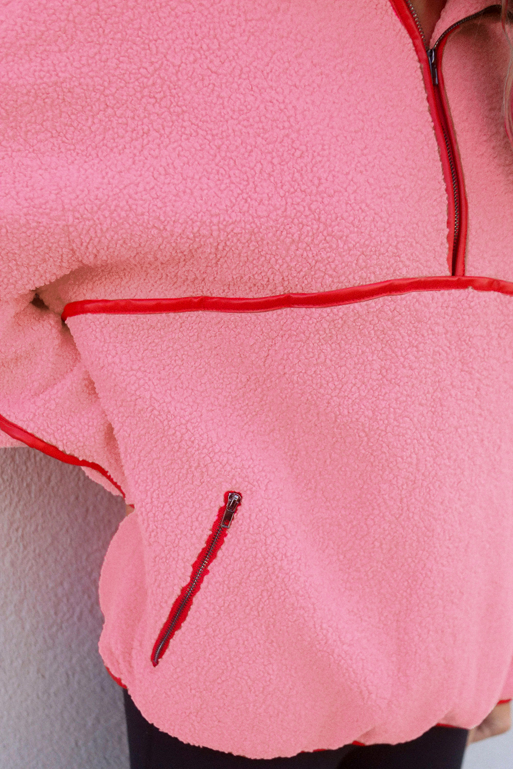 Strawberry Pink Sherpa Contrast Faux Leather Trim Half Zip Pocketed Pullover Sweatshirt - loveforevers