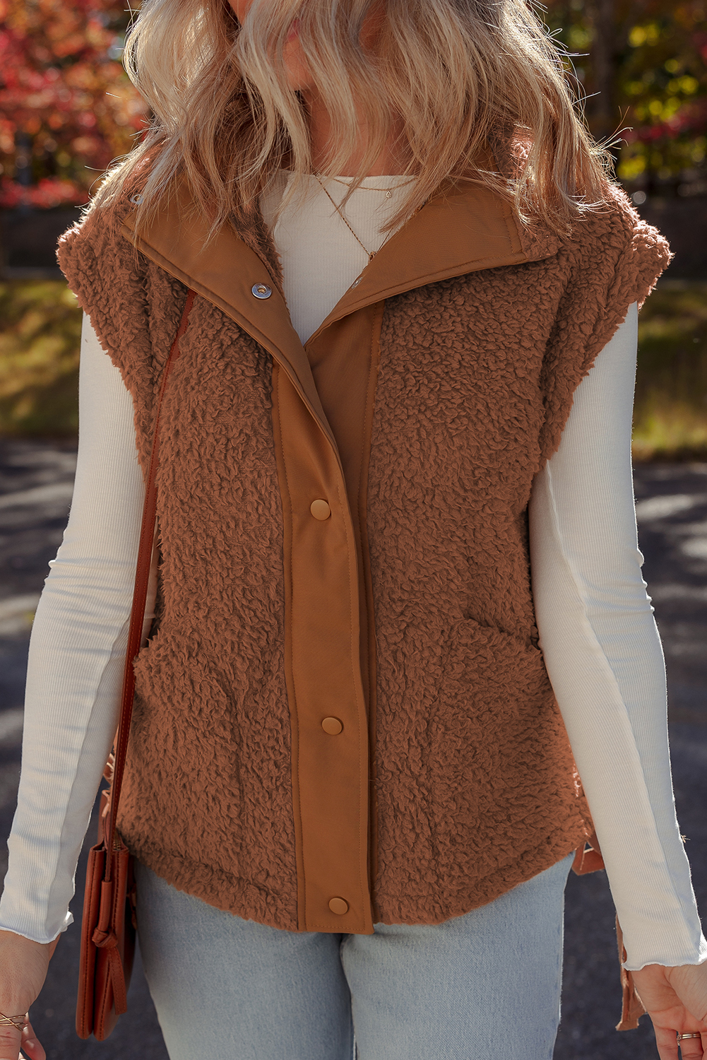 Cinnamon Faux Fur Snap Button Front Knot Side Plush Vest with Pockets - loveforevers