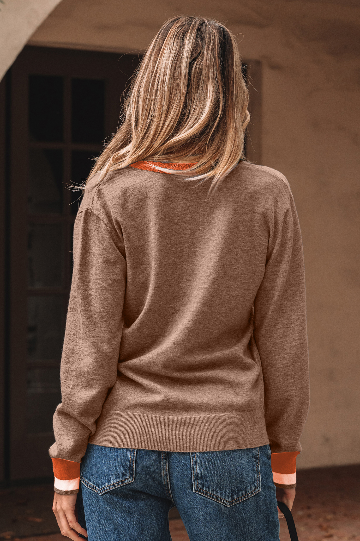 Black Contrast Striped Trim V Neck Varsity Sweater - loveforevers