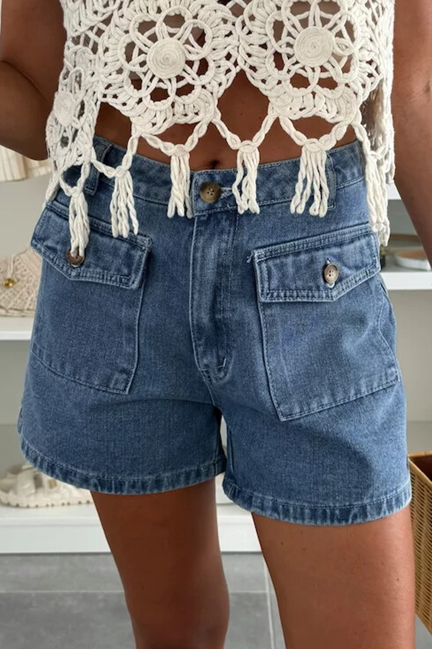 Dusk Blue Flap Pockets Denim Shorts - loveforevers