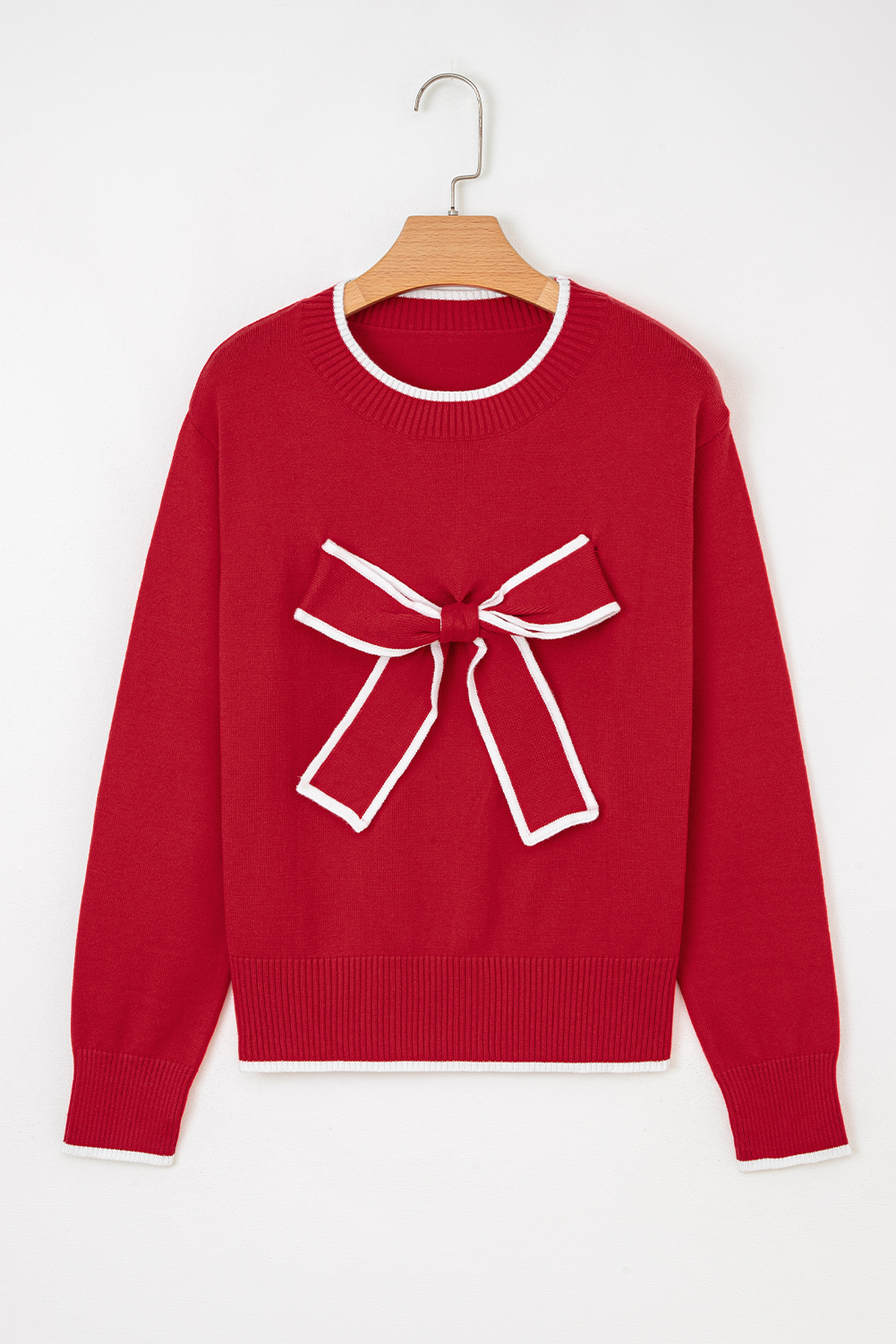 Black Contrast Trim Big Bow Accent Holiday Cropped Sweater - loveforevers