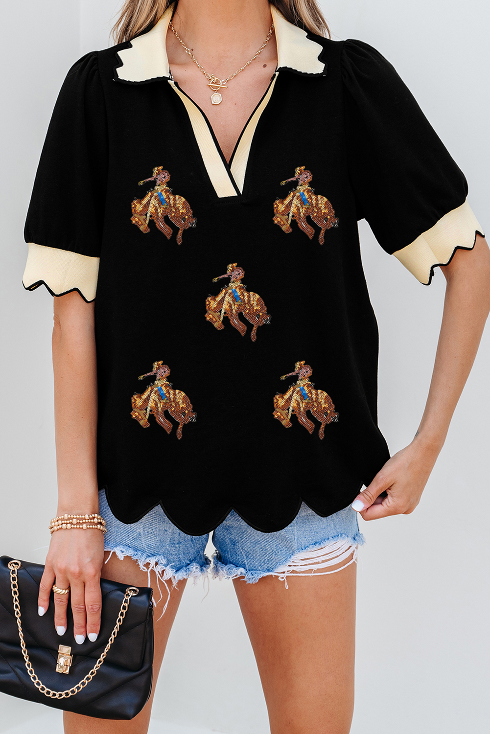 Black Contrast Scalloped Collar Cuffs Rodeo Patched Graphic Short Sleeve Top - loveforevers