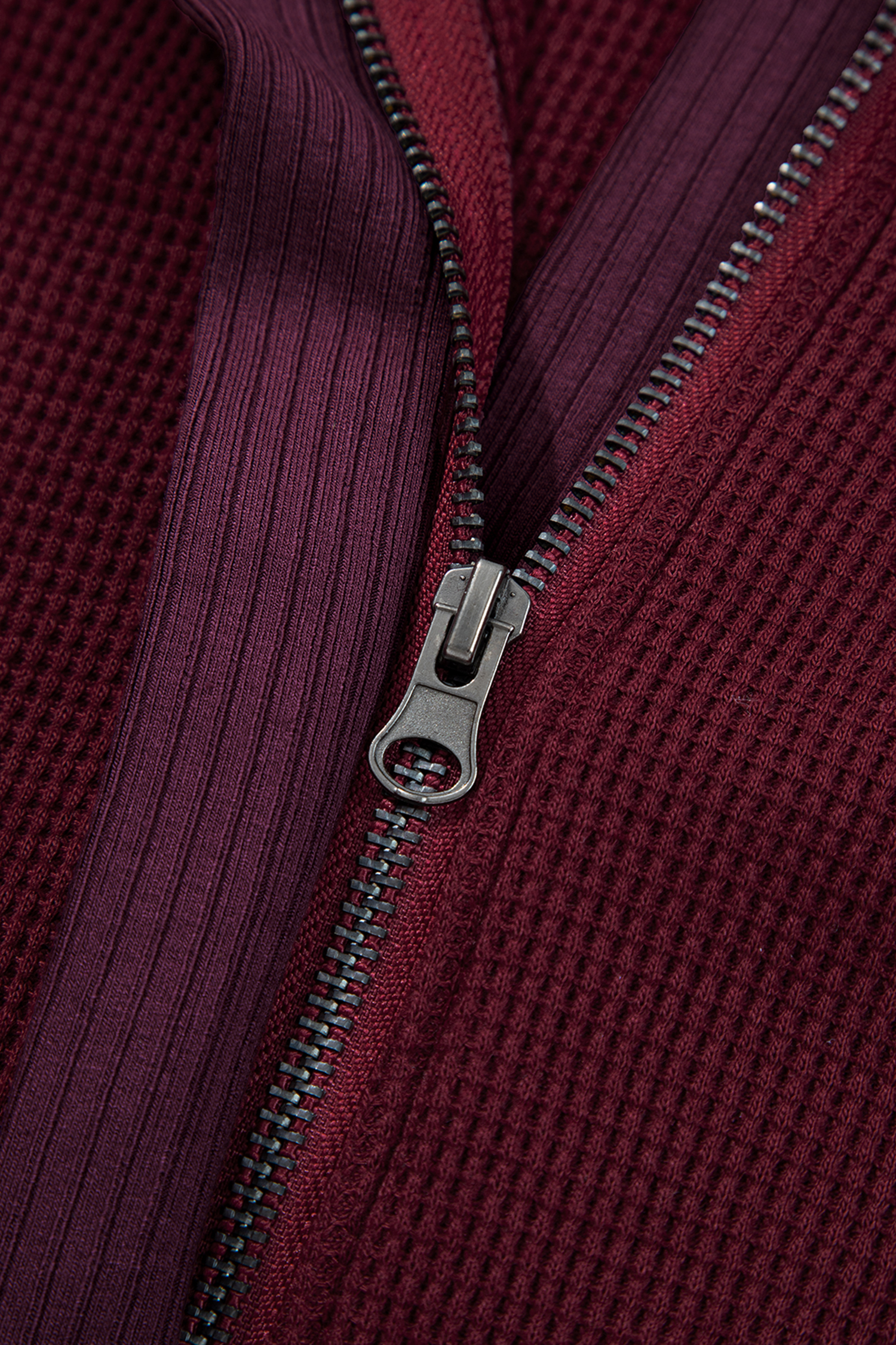 Burgundy Waffle Splicing Zip Up Front Button Hooded Jacket - loveforevers