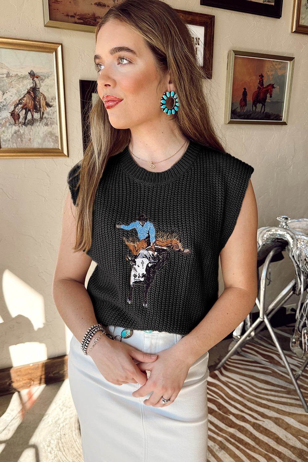Black Western Cowboy Embroidery Round Neck Sleeveless Sweater - loveforevers