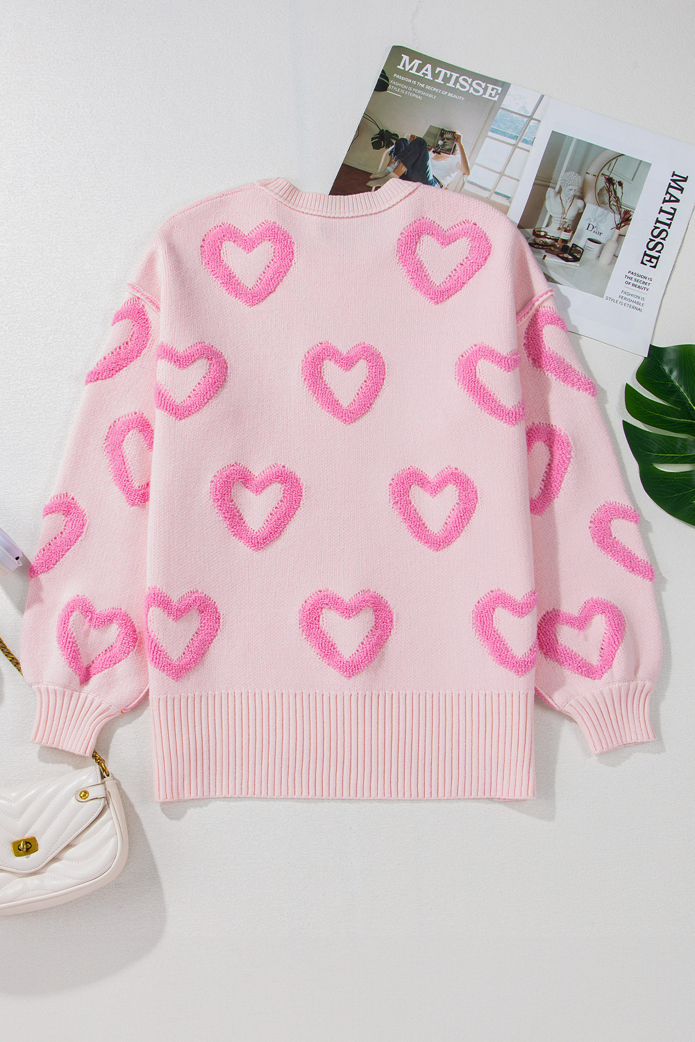 Pink Heart Shape Bubble Sleeve Baggy Sweater - loveforevers