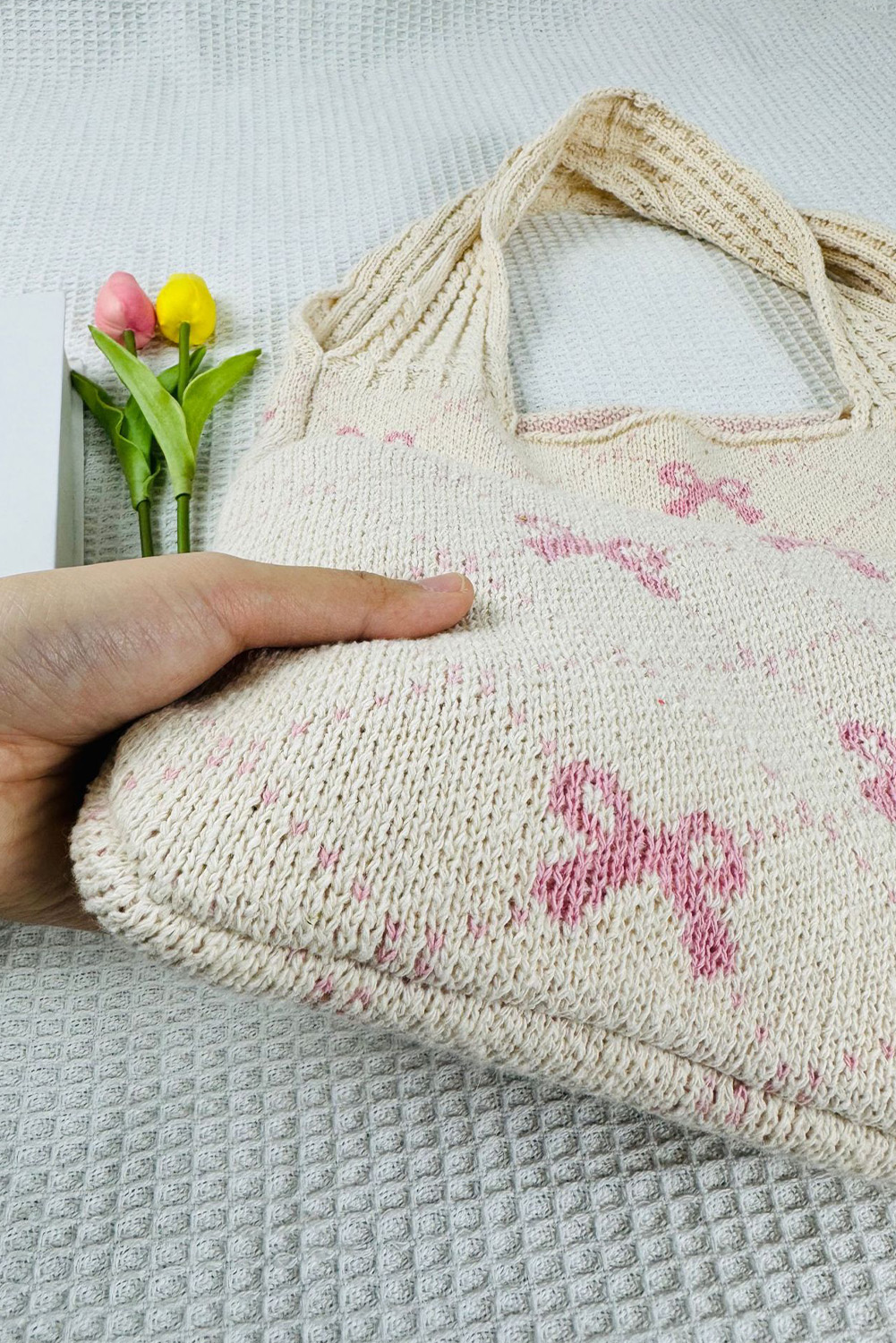Beige Sweet Bowknot Textured Strap Knit Shoulder Bag - loveforevers