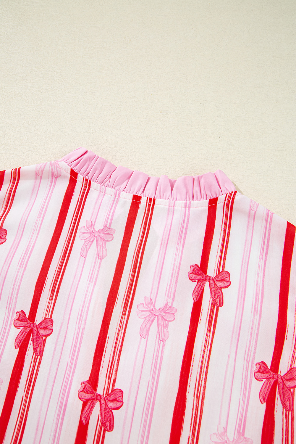 Pink Ric-rac Trim Ruffled Sleeve V Neck Bow Striped Printed Blouse - loveforevers