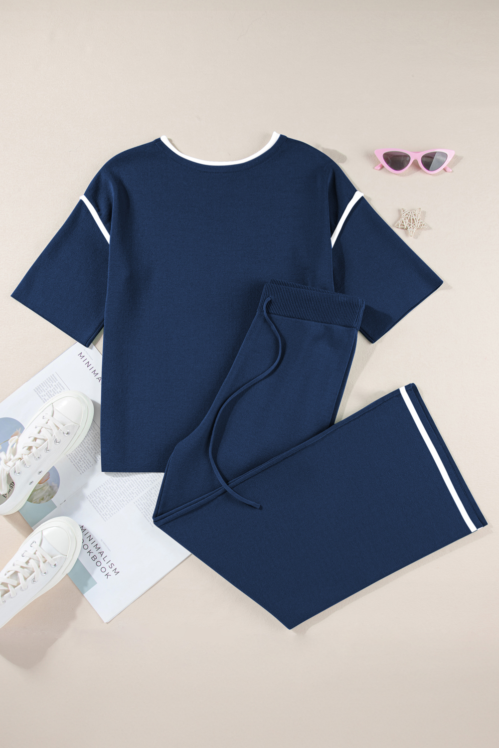 Blackish Green Contrast Trim Half Sleeve Top Drawstring Pants Loose 2pcs Sweater Suit - loveforevers