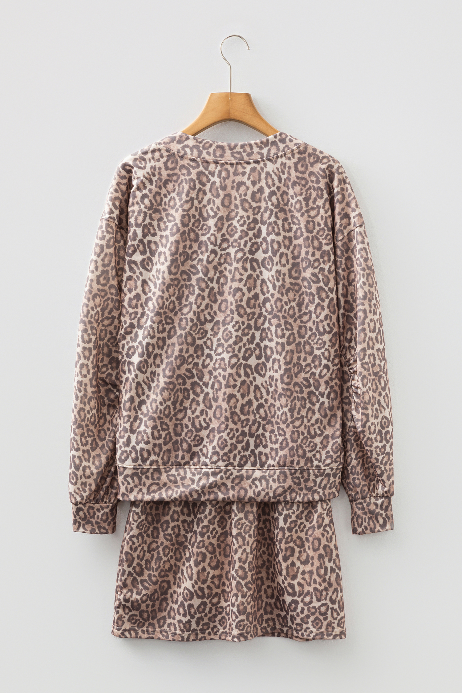 Light French Beige Leopard Print V Neck Pullover Mini Skirt 2pcs Set - loveforevers
