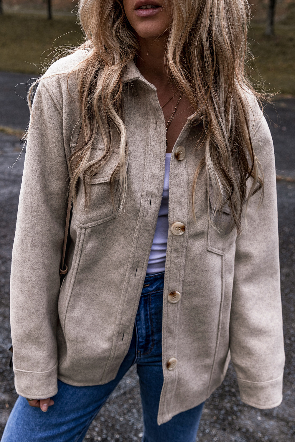 Light Grey Turn Down Collar Flap Pockets Buttoned Shacket - loveforevers