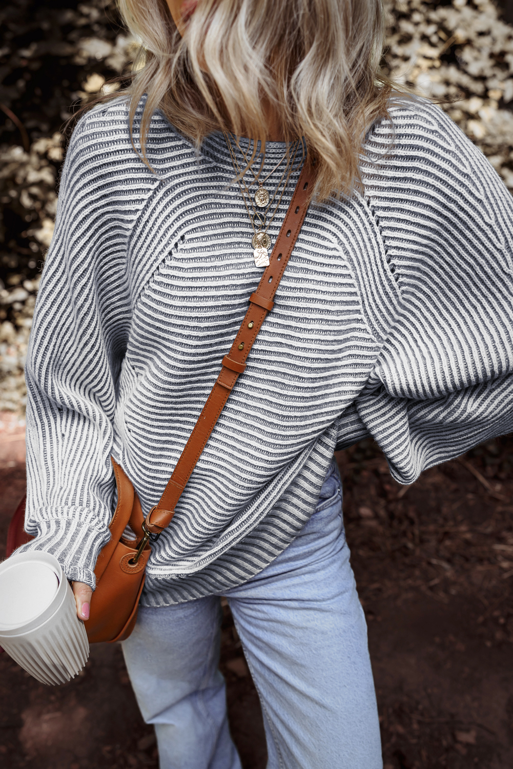 Coffee Striped Print Ribbed Knit Boat Neck Baggy Sweater - loveforevers