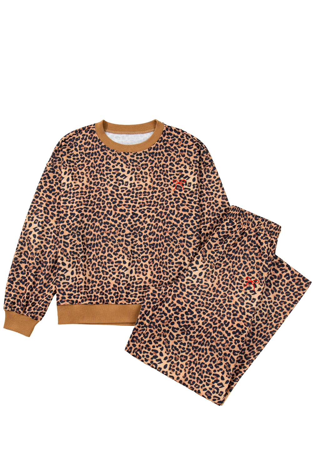 Khaki Leopard Pullover and Pants 2pcs Outfit with Bow Embroidery - loveforevers
