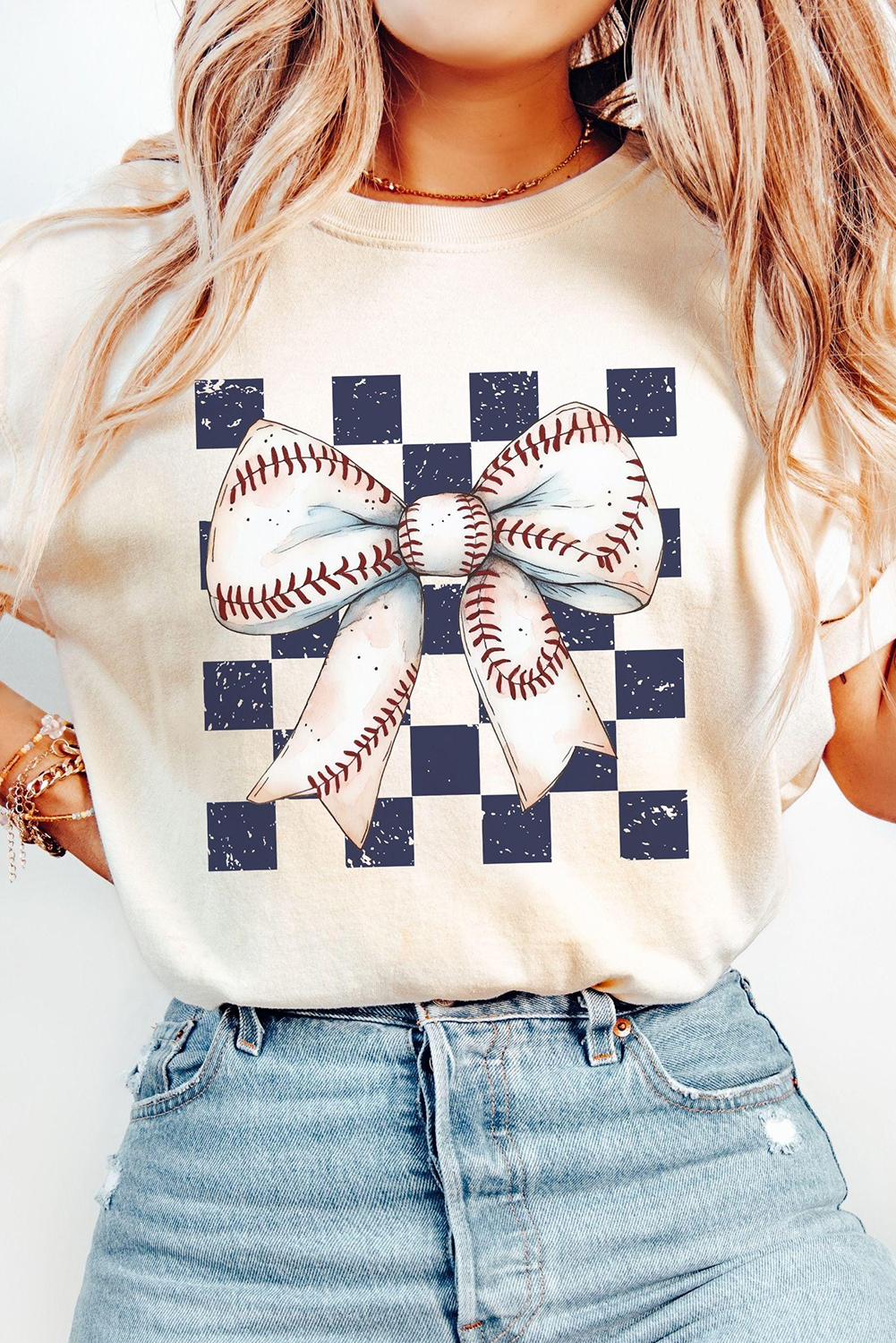 White Checkered Rugby Bowknot Graphic Crew T Shirt - loveforevers