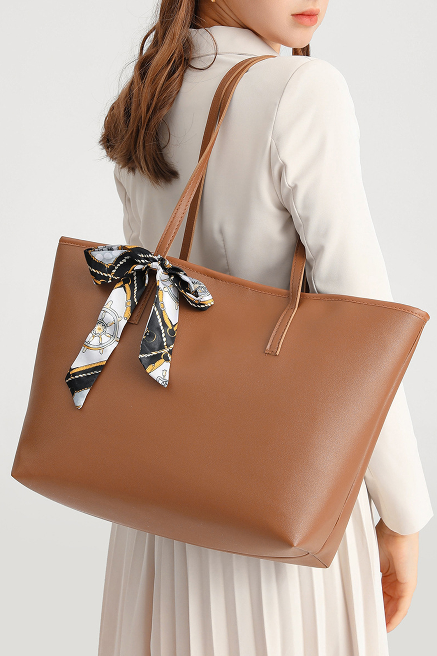 Chestnut Solid Color Large Capacity PU Leather Bag with Ribbon Detail - loveforevers