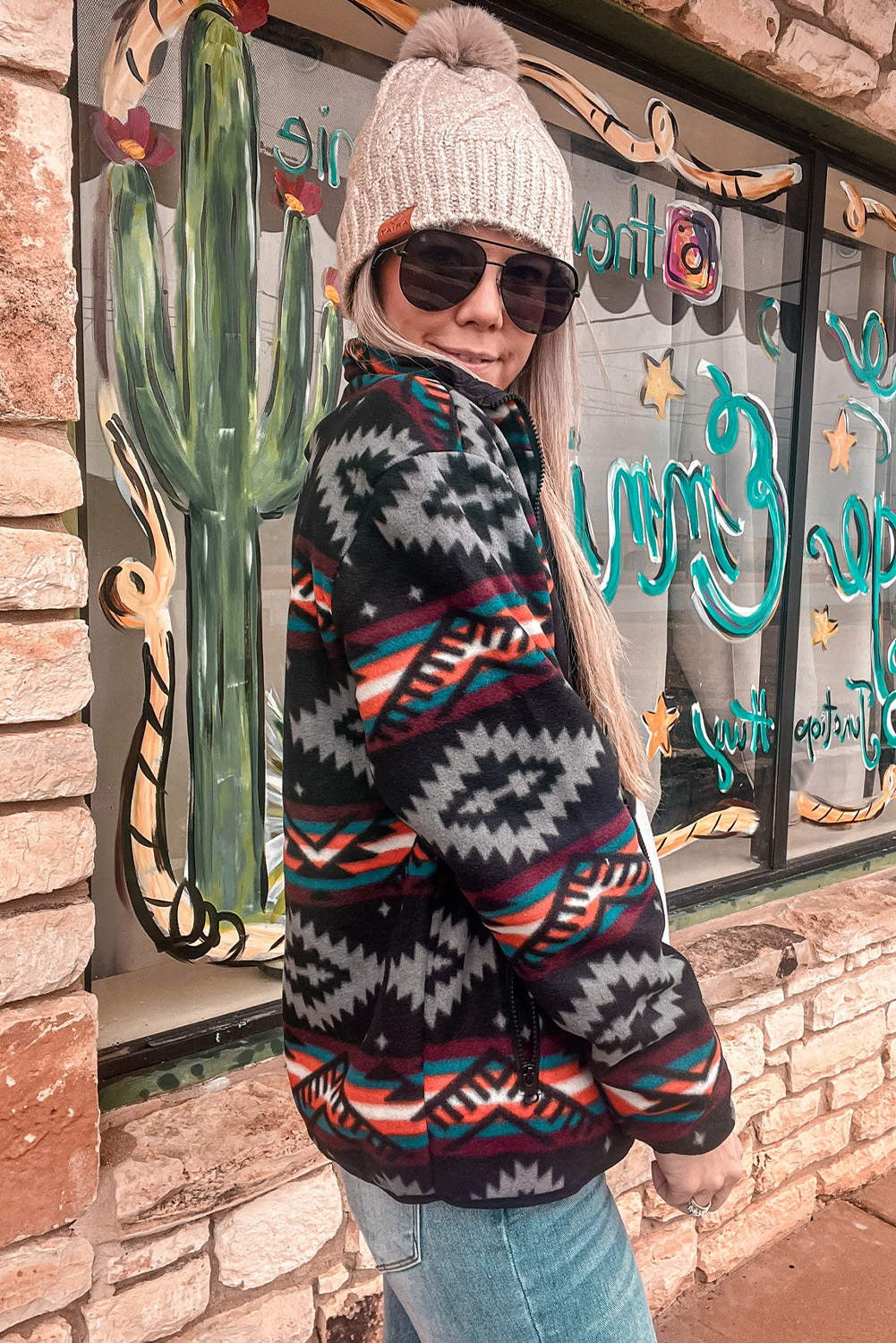 Black Aztec Printed Zip Up Collar Jacket - loveforevers