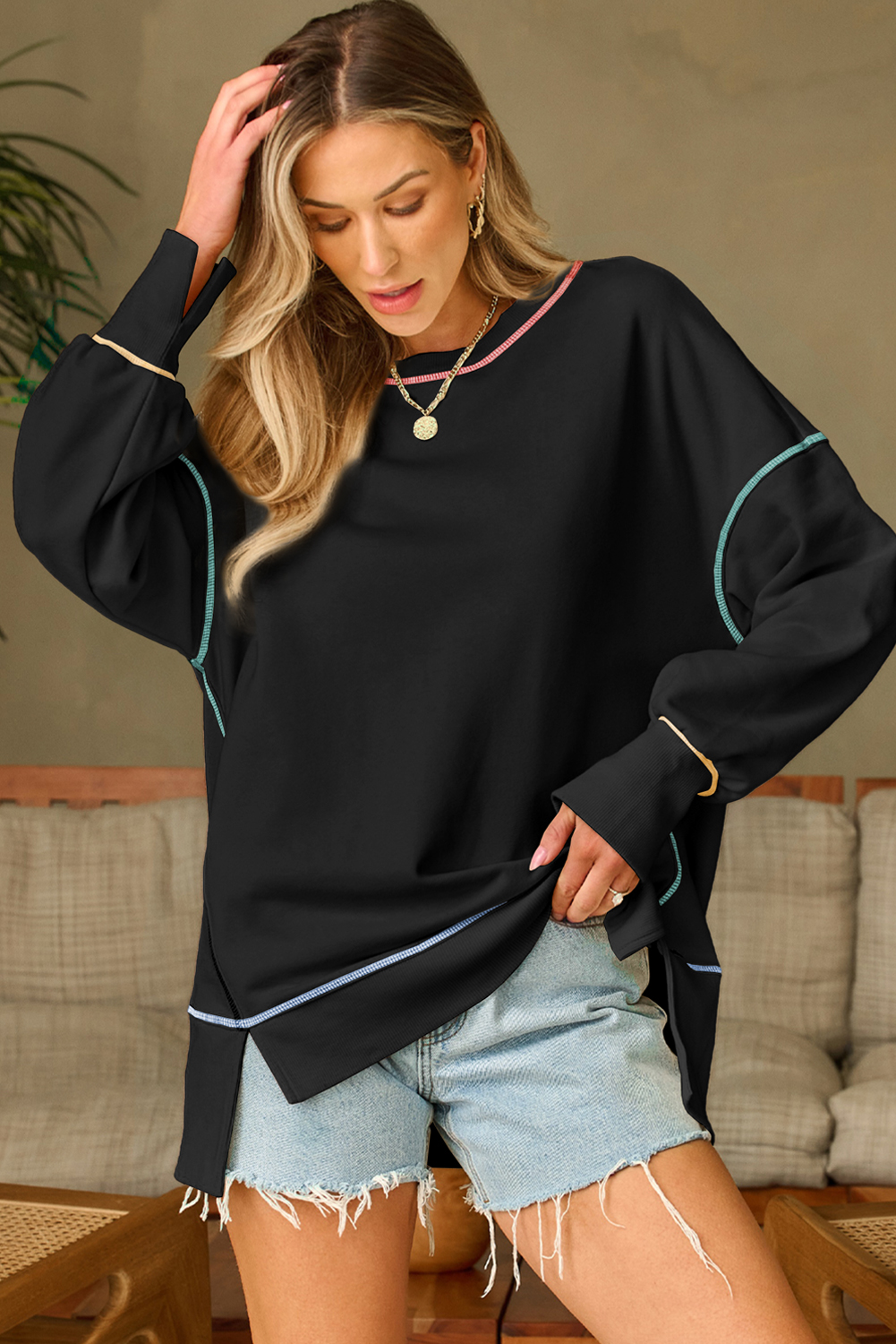 Contrast Stitching Split Baggy Sweatshirt - loveforevers